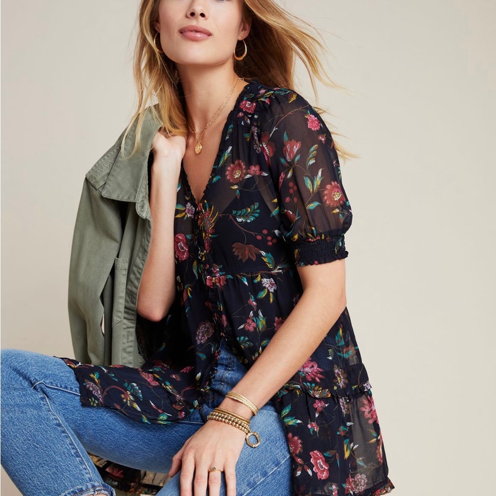 Anthropologie Salzburg sheer floral tunic size small